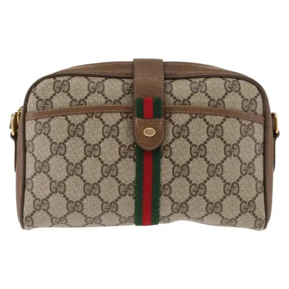 GUCCI GG Canvas Web Sherry Line Shoulder Bag PVC Leather Beige Green
